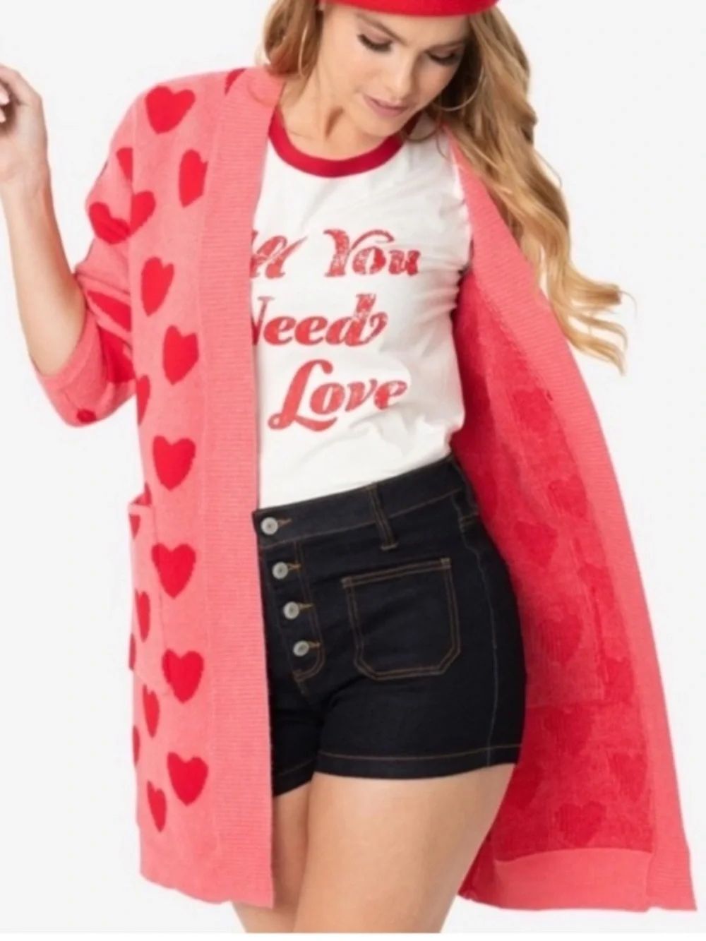 Unique Vintage Magnolia Place Pink Red Heart Print Open-Front Cardigan Sweater
